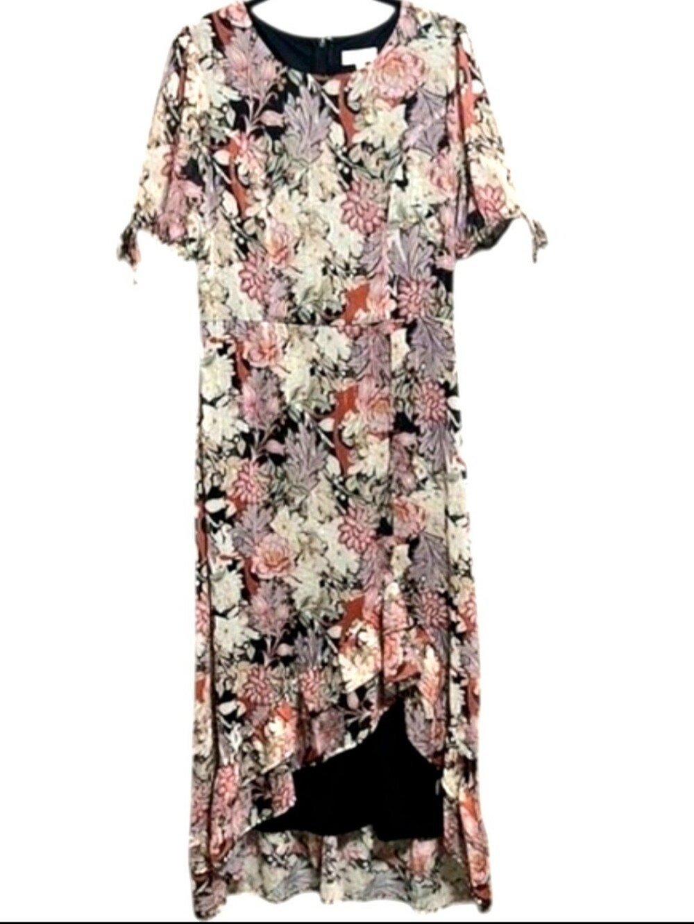 Koko + Mason LA Metallic Fall Multifloral High-Low Midi Ruffle Hem Dress MED NEW